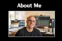 a man with glasses in front of a desk with the words about me